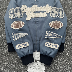 Blouson Bomber Vintage Homme avec Broderie Personnalisée, Boutons Corne, en Satin, Style Universitaire Hiver, 100% Soie, Style Moto & Biker - Product Image 5
