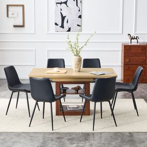 Set da Pranzo Allungabile 59-71 Pollici con Tavolo Estraibile e 6 Sedie in PU Artificiale Nero, Design Curvo e Allargato - Product Image 1