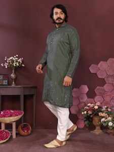 Exclusive Smart <b>Silk</b> <b>Kurta</b> Pyjama Set With Embroidery Mirror Work Party Wear Festival Wedding Mens Ethnic Wear Style - Product Image 4