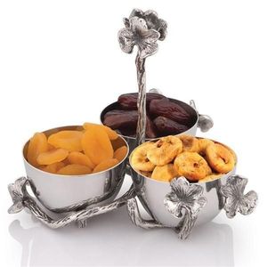 Tazón de Aperitivos de Acero Inoxidable de Primera Calidad con 3 Compartimentos, Soporte Decorativo con Ramas Florales, Tazón de Metal para Servir Postres y Chocolate para Fiestas - Product Image 1