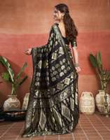 Sari en soie imprimé noir et or pour femmes, tenue de mariage traditionnelle style Inde Pakistan, longueur au sol, coupe classique