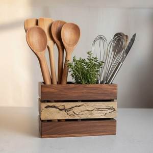 wooden cutlery stand <b>storage</b> holder utensil organizer spoon fork knife <b>kitchen</b> countertop rustic wood box - Product Image 5