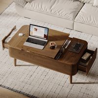 Table basse moderne en bois avec plateau relevable, tiroirs latéraux de rangement dissimulés et plateau surélevé, table centrale multifonction pour salon