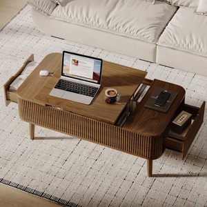 Table basse moderne en bois avec plateau relevable, tiroirs latéraux de rangement dissimulés et plateau surélevé, table centrale multifonction pour salon - Product Image 4