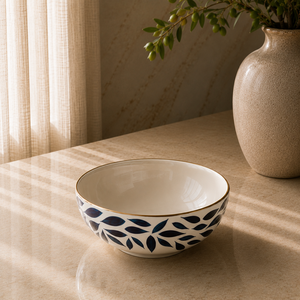 Bol de table en céramique de luxe avec motif feuille indigo audacieux, texture finement émaillée et esthétique de service contemporaine - Product Image 1