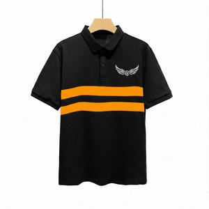 Polo à manches courtes noir pour homme avec rayures blanches et logo brodé, design décontracté en coton Oxford respirant - Product Image 3