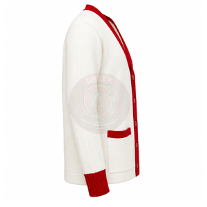 custom sorority white <b>cardigans</b> acrylic knitted V-neck <b>women's</b> sweaters <b>red</b> trim fraternity Greek embroidery logo varsity - Product Image 4