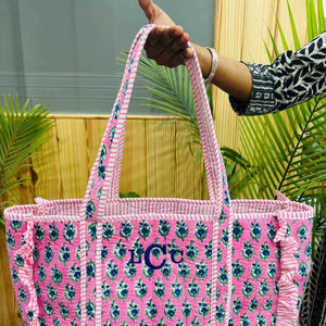 Indian hand block cotton quilted frill tote bag personalized Embroidery bride <b>name</b> gift tote bag boho stylish pool carry on bag - Product Image 1