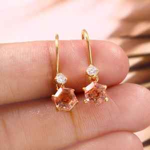 Boucles d'oreilles pendantes en saphir Padparadscha, hexagone pêche, argent sterling 925 plaqué or, bijoux fins pour femmes, cadeau - Product Image 5