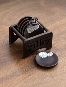 Ornements en bois - Sous-verres en bois d'ébène incrusté - Accessoires pour sous-verres à thé/café en bois massif - Services à thé anti-brûlure - Product Image 3