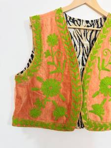 Veste en velours brodée à la main Suzani |   Robe Courte Sans Manches Légère à Motif Floral en Coton Style Bohème Ethnique Indien Col Rond - Product Image 5