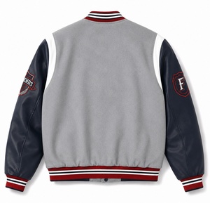Veste varsity grise pour homme avec manches en cuir marine et logo brodé personnalisé sur la poche avant - Product Image 6