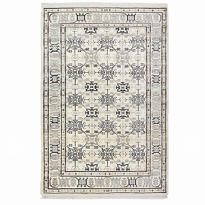 Tapis en laine gris ivoire moderne à motifs floraux, antidérapant, écologique, tufté à la main, à poils épais, avec bordure ornementale médaillon vieilli pour salon - Product Image 1