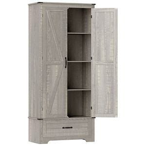 "Distressed Light Gray Farmhouse <b>Pantry</b> Cabinet with 2 Doors & Adjustable Shelves for <b>Kitchen</b>" - Product Image 1