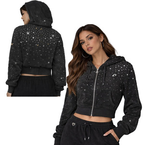 เสื้อฮู้ดครอปซิป OEM ประดับคริสตัลทั้งตัว ผ้าคอตตอนเทอร์รี่ 450GSM ทรงโอเวอร์ไซส์ ไหล่ตก สไตล์สตรีทแวร์ มีซับใน ซิปแบบสั่งทำพิเศษ - Product Image 1