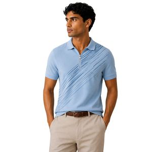 Polo Azul Claro para Hombre con Cierre, Estampado Diagonal, Manga Corta, Lujoso, Casual, Verano, Mezcla de Algodón, Diseño Personalizado, Camisa de Golf - Product Image 1