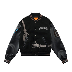 Men's Black Varsity <b>Jacket</b> With Skeleton Embroidery <b>Punk</b> Style Turn-down Collar Single Breasted Regular Fit - Product Image 5