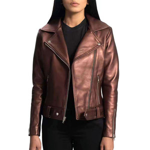 Veste de moto en cuir véritable pour femmes, manteau de motard à manches longues avec fermeture éclair, vêtements d'automne - Product Image 2