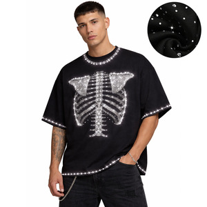 Camiseta de hombre OEM personalizada con pedrería, estilo vintage moderno, hombros caídos, estilo hip hop, de algodón 100% de alto gramaje. - Product Image 1