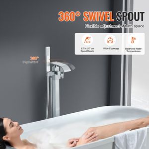 Rubinetto per vasca da bagno freestanding con doccia a pioggia, miscelatore a pavimento, rubinetto di riempimento vasca, rubinetteria con beccuccio girevole a 360 gradi e due modalità di getto d'acqua - Product Image 1