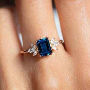 London Blue Topaz Wedding Bridal Ring Halo Emerald Cut London Blue Topaz Anniversary Ring Gift For Her - Product Image 5