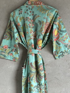 Robe Kimono en Coton Faite Main Imprimée Flocage/Estampage Bloc, Longue, Manches Longues, Col en V, Peignoir Femme Printemps-Été, Modèle Maaunique - Product Image 4