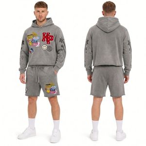 Ensemble de survêtement décontracté 2 pièces pour homme, rose, en coton, avec sweat à capuche imprimé graphique et strass, et short assorti, style streetwear - Product Image 6