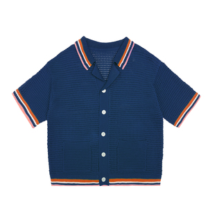 Cárdigan de punto de manga corta para hombre, azul sólido con ribete en contraste, corte regular informal - Product Image 2