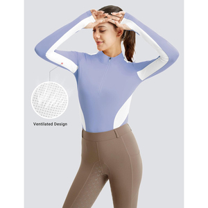 Camiseta de equitación de manga larga morada para mujer, la más vendida, con media cremallera, bloques de color, malla de secado rápido, top ecuestre, ropa para montar a caballo, OEM ODM - Product Image 5