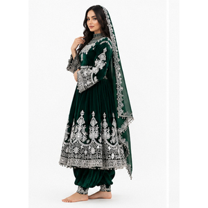 Traditional Indian Pakistani Women's Green Velvet Floor Length <b>Wedding</b> Ethnic Wear <b>Silver</b> Embroidery Afghan Kuchi <b>Dress</b> - Product Image 6