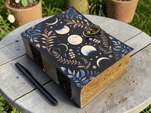 Moon Phase Leather Journal Celestial Grimoire Handmade Deckle Edge Paper Vintage Notebook Spell <b>Book</b> Gift 200 Sheets - Product Image 4