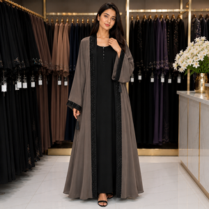 Luxury Two Tone Open Front Abaya | Taupe <b>Grey</b> Outer Robe with Black Inner Dress | Premium Nida Fabric Dubai Style Abaya - Product Image 1