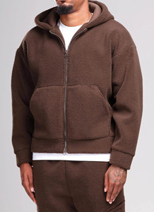 High Demand OEM Custom Logo Brown Drop Shoulder Men Sherpa Zip Hoodie Breathable Streetwear Hoodie For Men With Kangaroo Pockets - Product Image 3