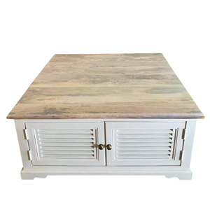 Mesa de Centro de Madera de Mango Sólida de Estilo Industrial en Acabado Blanco y Natural con Características de Gabinete, Hecha a Mano para Sala de Estar - Product Image 3