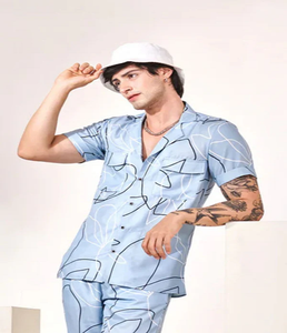 Chemise pour homme en coton mélangé imprimé à la main, manches courtes, coupe ample, chemise élégante pour les tenues quotidiennes et les sorties en plein air - Product Image 1
