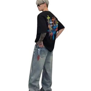<b>Men's</b> Grey Washed Baggy <b>Jeans</b> with Abstract Paint Splatter Print Distressed <b>Wide</b> <b>Leg</b> Denim Pants Vintage Streetwear Fashion - Product Image 3