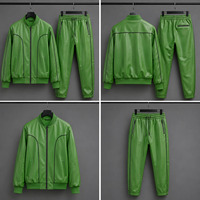 Ensemble veste bomber et pantalon pour homme en cuir PU vert non tissé, coupe sport, coupe-vent, fermeture éclair sur le devant, style décontracté, pour l'automne, coupe classique
