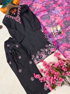 Salwar Kameez en Georgette brodé noir et rose, tenue traditionnelle indienne pour mariage et soirée, pour femmes, coupe ample de haute qualité - Product Image 3