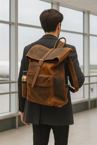 Wriza Simple Retro Genuine <b>Leather</b> <b>Backpack</b> Adjustable Strap Zipper Closure <b>Large</b> Capacity Multi-Function Lightweight Casual Bag - Product Image 6