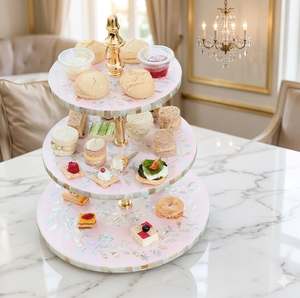Mother of Pearl Inlay 3-<b>Tier</b> Round <b>Cake</b> Stand Colorful Decorative Dessert Platter for Ramadan Eid Special Hand Wash Only - Product Image 1