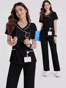 Conjuntos de Uniformes Médicos Unisex de Manga Corta con Cuello en V, Elásticos, de Lona, sin Costuras, para Uso en Quirófanos y Clínicas - Product Image 5