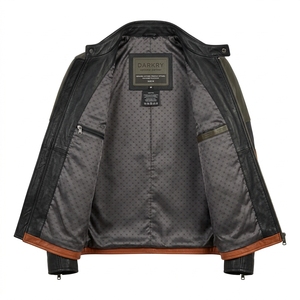 Mens Multi Colorblock Leather Biker Jacket Olive <b>Green</b> Rust Orange Grey Panel Elbow Patch Snap Collar <b>Motorbike</b> Apparel - Product Image 5