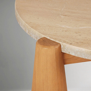 Modern <b>Wood</b> Round Coffee <b>Table</b> with Stone Top for <b>Outdoor</b> Patio - Product Image 3