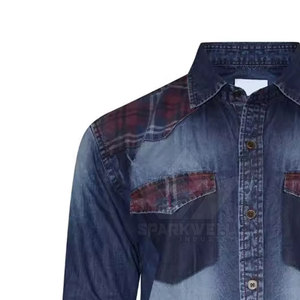 Men's Washed Denim <b>Shirt</b> Long Sleeve Button Down Plaid <b>Patchwork</b> Casual Cotton Jean <b>Shirt</b> with Chest Pockets - Product Image 5
