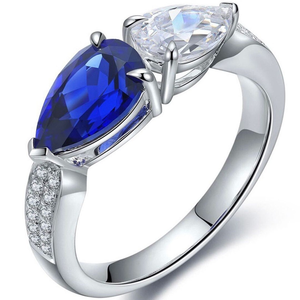 <b>Sapphire</b> Blue <b>White</b> Pear Cut Moissanite <b>Ring</b> Two Pear Stone Side Round Accent <b>White</b> <b>Gold</b> Engagement <b>Ring</b> 10K Solid <b>Gold</b> <b>Ring</b> - Product Image 3