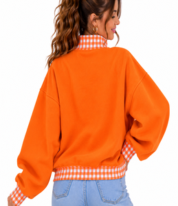 OEM ODM Women’s Oversized Heavyweight <b>Mock</b> Neck Sweatshirt Custom Plaid Gingham Patchwork Casual Varsity Pullover - Product Image 3