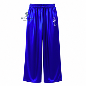 Zeta Phi Beta Women's Satin Pajama <b>Set</b> Long Sleeve Button-Up Embroidered Two <b>Piece</b> Sleepwear Blue With <b>White</b> Trim Lounge <b>Set</b> - Product Image 4