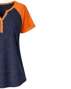 T-shirt pour femme bleu marine et orange à manches courtes, col Henley, coupe raglan, en coton doux, décontracté, respirant et confortable pour l'été et le quotidien - Product Image 4