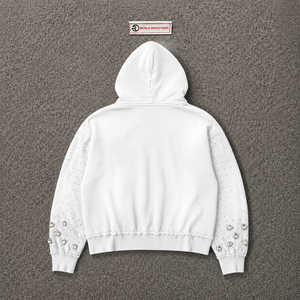 Sweat à capuche zippé blanc vieilli, orné de strass, coupe oversize, style streetwear vintage délavé, punk, décontracté, unisexe, urbain - Product Image 6