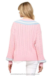 Fabricant OEM ODM Personnalisé Unisexe Rayé Laine/Acrylique Tricoté Col en V Manches Lanterne Cardigan Broderie Avant Séchage Rapide - Product Image 2